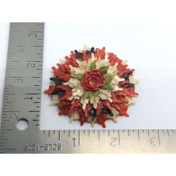 Vintage Brooch Sea Shell Design With Rose And Leaves Made Of Shell Red White And - Picture 3 of 4
